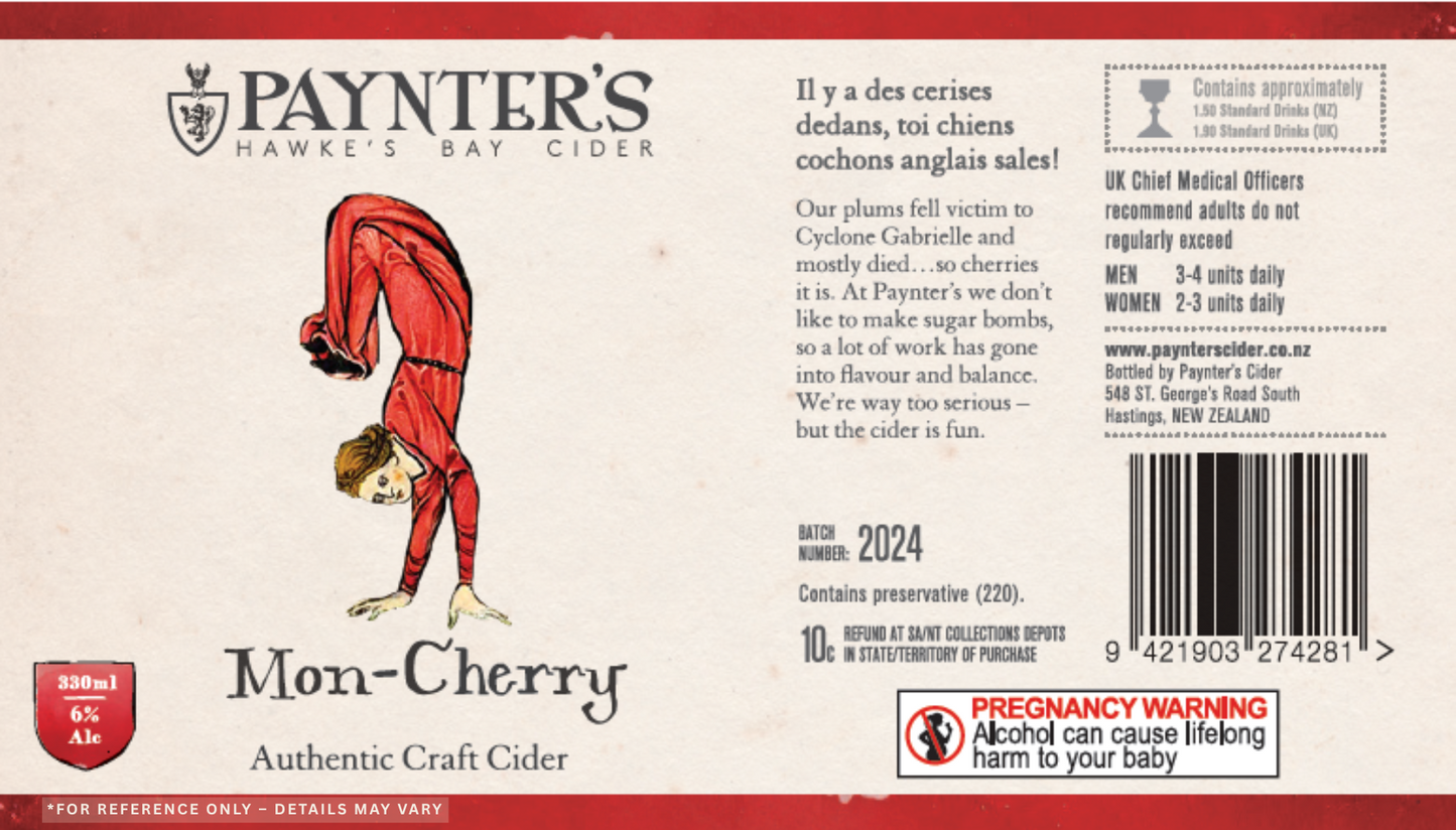 Paynter's Mon-Cherry cider label with a person in a red dress and text.
