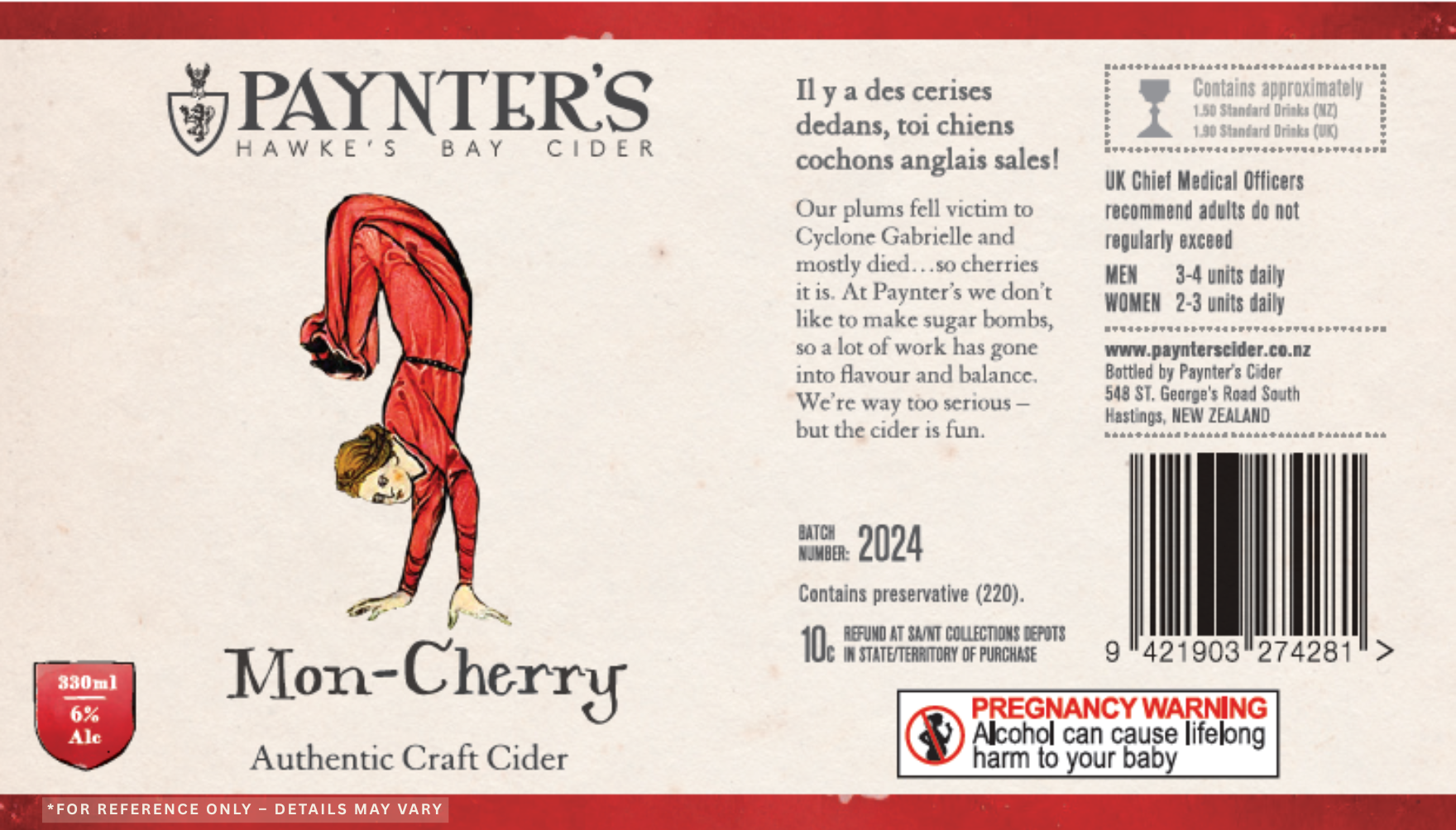 Paynter's Mon-Cherry cider label with a person in a red dress and text.