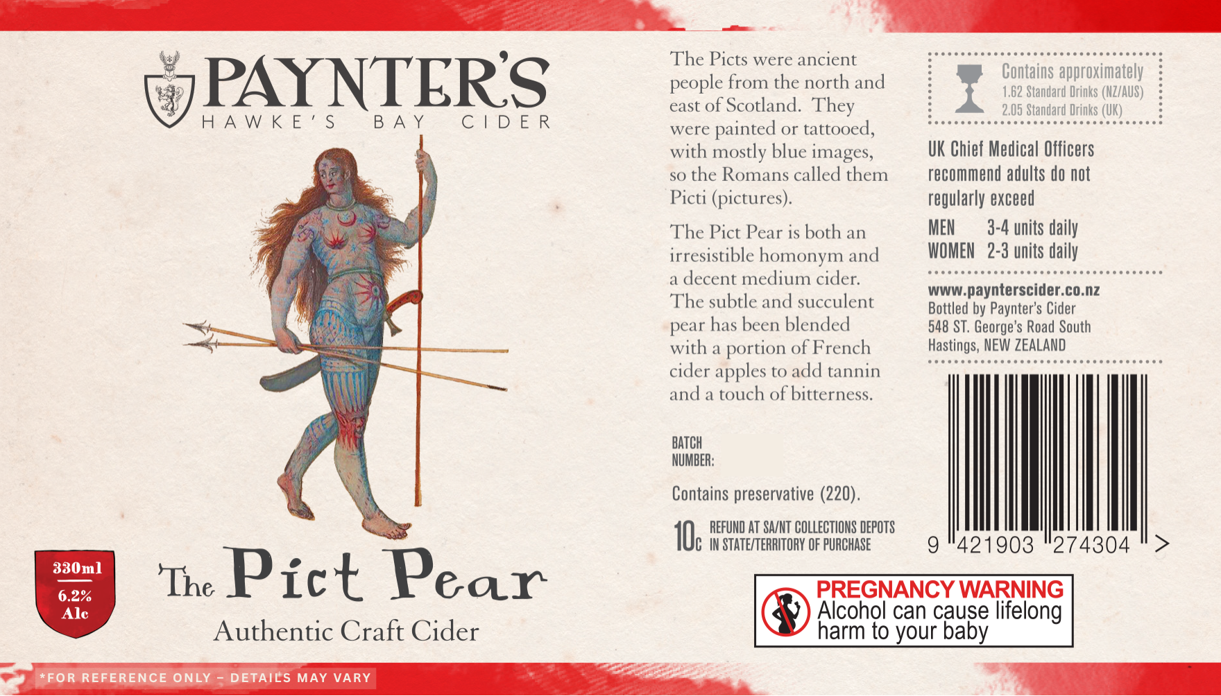Paynter's Hawke's Bay Cider Pict Pear label featuring a Pict warrior and text.