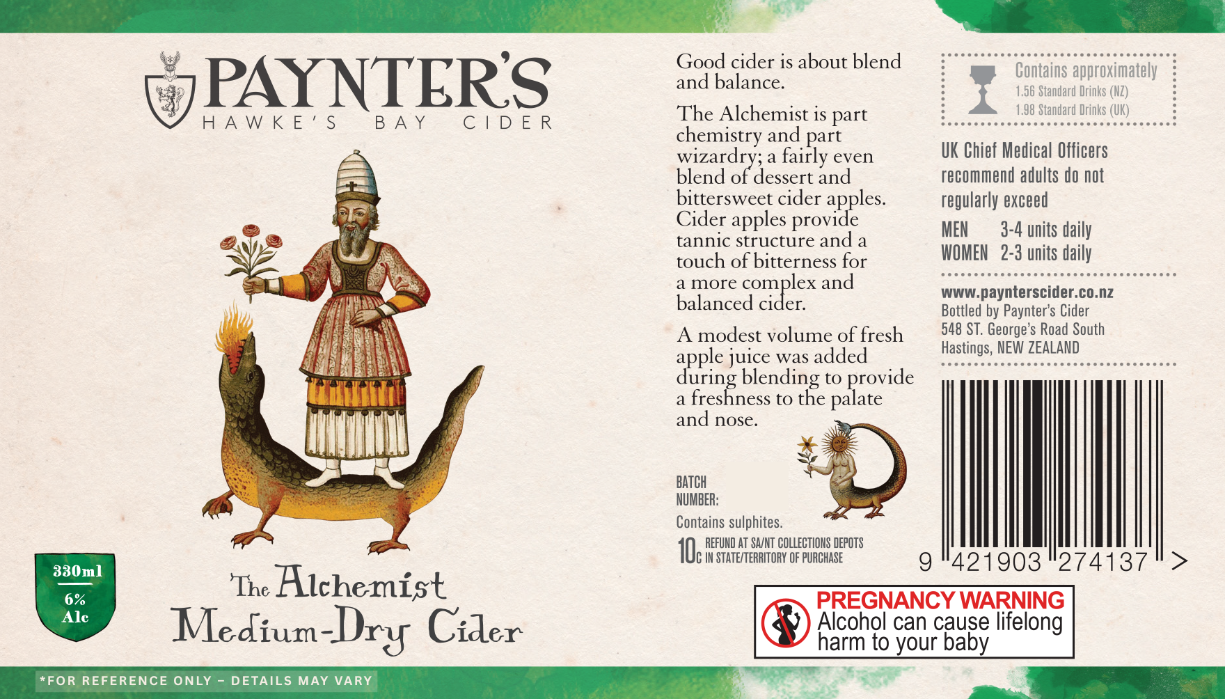 Paynter's cider The Alchemist label with character illustration and text