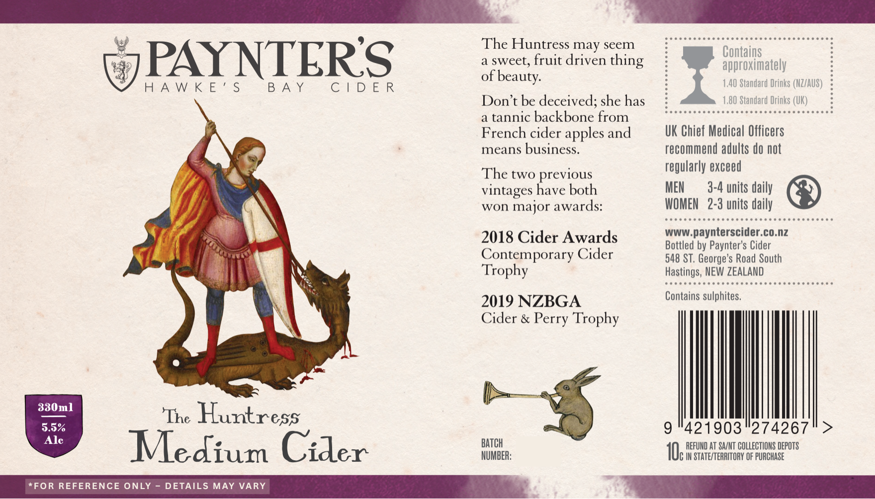 Paynter's cider Huntress label featuring a warrior on a dragon with branding and product details.