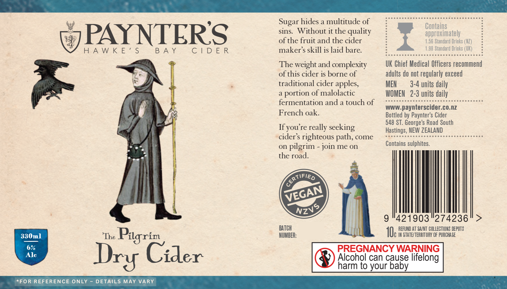 Paynter's Hawke's Bay Cider label with a pilgrim illustration and text.